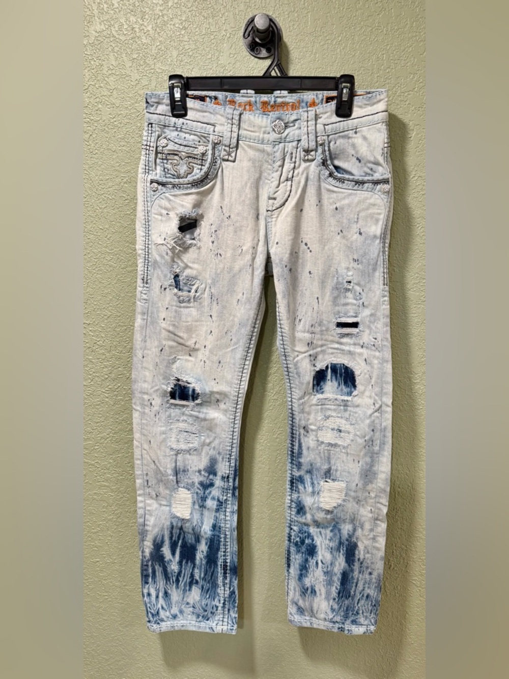 Rock Revival Men's Distressed Bleached Blue Straight Jeans 29